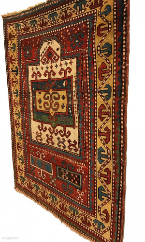 2’2" X 3’11" Inscribed Early Tribal Kazak Prayer Rug